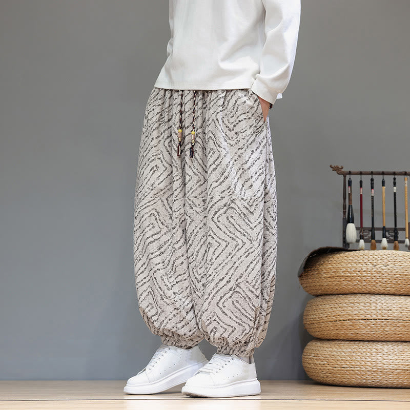 Pantalones tipo harem para hombre con bolsillos, diseño con cordón ajustable y textura de Buddha Stones en pana de algodón y lino. - image 3