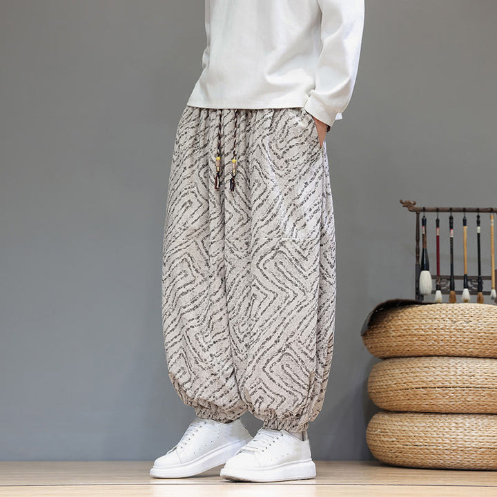 Pantalones tipo harem para hombre con bolsillos, diseño con cordón ajustable y textura de Buddha Stones en pana de algodón y lino. - image 3