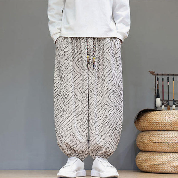 Pantalones tipo harem para hombre con bolsillos, diseño con cordón ajustable y textura de Buddha Stones en pana de algodón y lino. - image 2
