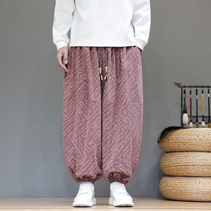 Pantalones tipo harem para hombre con bolsillos, diseño con cordón ajustable y textura de Buddha Stones en pana de algodón y lino. - image 26