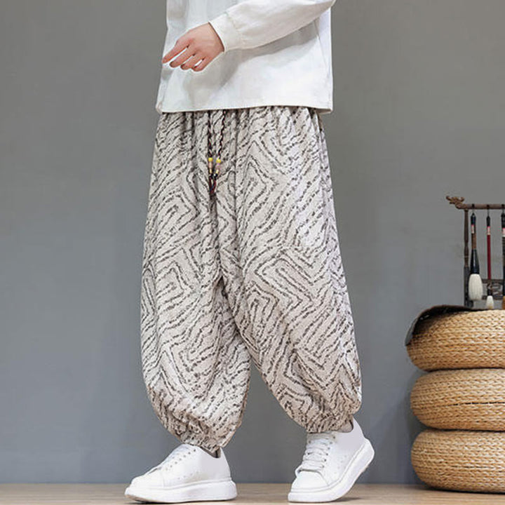 Pantalones tipo harem para hombre con bolsillos, diseño con cordón ajustable y textura de Buddha Stones en pana de algodón y lino. - Beige - US/UK/AU46, EU56 (5XL) - image 0