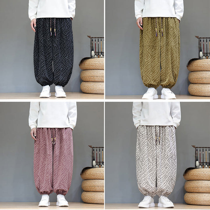 Pantalones tipo harem para hombre con bolsillos, diseño con cordón ajustable y textura de Buddha Stones en pana de algodón y lino. - image 40