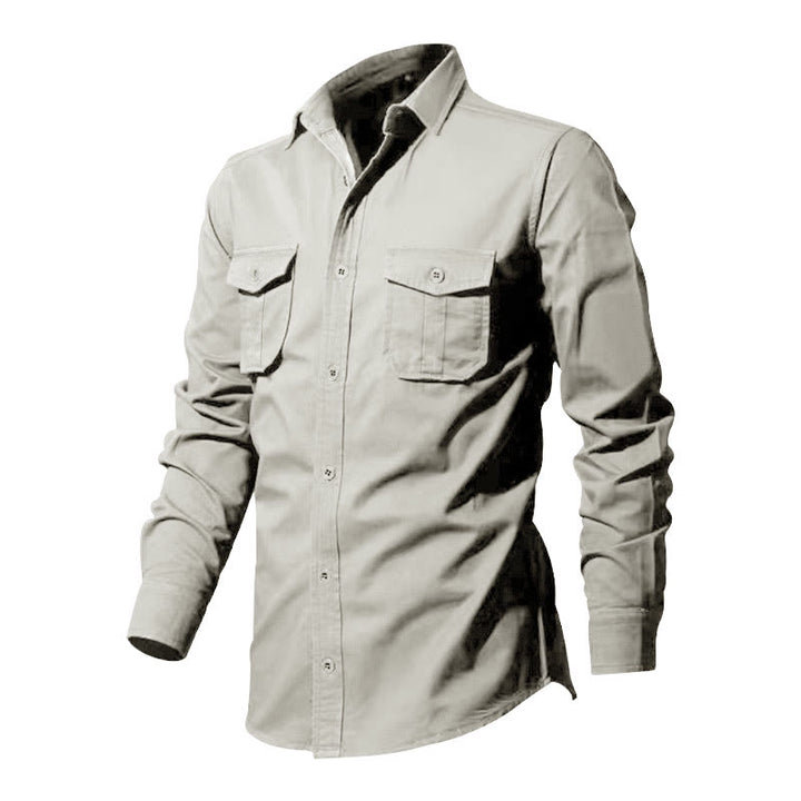 Camisa de manga larga con cuello alto y bolsillos para hombre, color liso, con estampado de Buddha Stones. - image 9