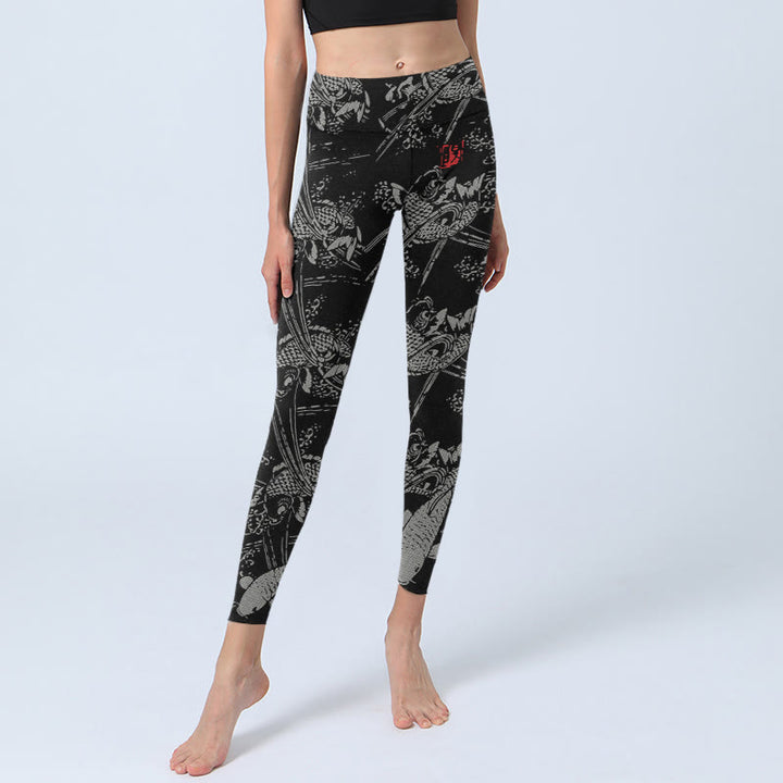 Leggings de gimnasio con estampado de peces koi negros y Buddha Stones, pantalones de yoga para mujer - image 5