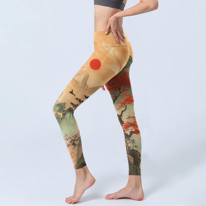 Leggings de gimnasio con estampado de Buddha Stones, montañas, árboles y sol naciente, pantalones de yoga para mujer - image 2