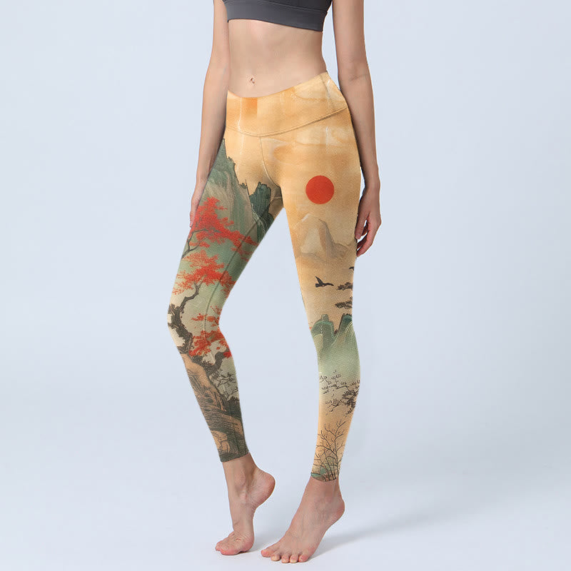 Leggings de gimnasio con estampado de Buddha Stones, montañas, árboles y sol naciente, pantalones de yoga para mujer - Sandy Brown - US18，UK/AU22，EU50 (4XL) - image 0