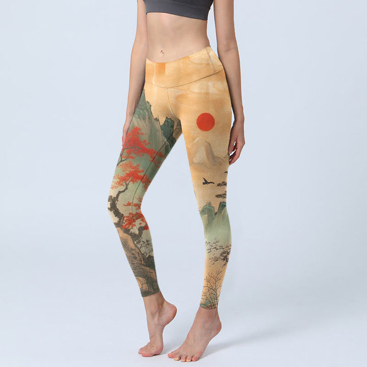 Leggings de gimnasio con estampado de Buddha Stones, montañas, árboles y sol naciente, pantalones de yoga para mujer - Sandy Brown - US18，UK/AU22，EU50 (4XL) - image 0