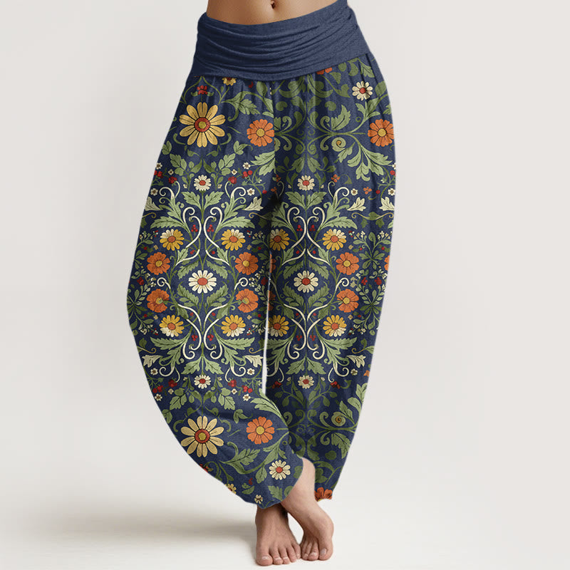 Pantalones tipo harem de cintura elástica para mujer, de algodón puro con estampado de flores y enredaderas de colores y Buddha Stones. - Azul pizarra oscuro - US16，UK/AU20，EU48 (3XL) - image 0