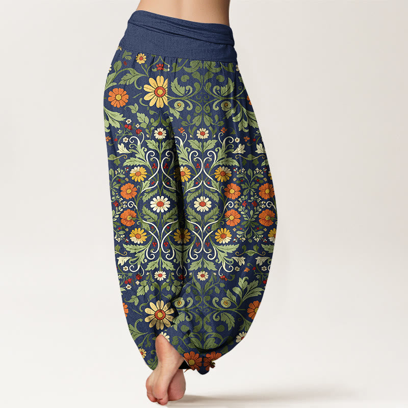 Pantalones tipo harem de cintura elástica para mujer, de algodón puro con estampado de flores y enredaderas de colores y Buddha Stones. - image 1