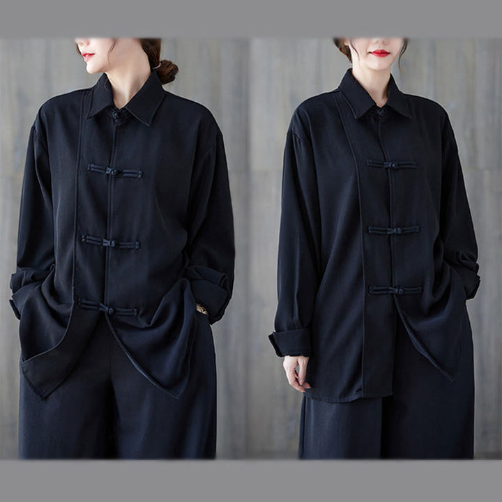 Camisa de manga larga de algodón para mujer, negra lisa con solapa de botón de rana y estampado de Buddha Stones - image 5