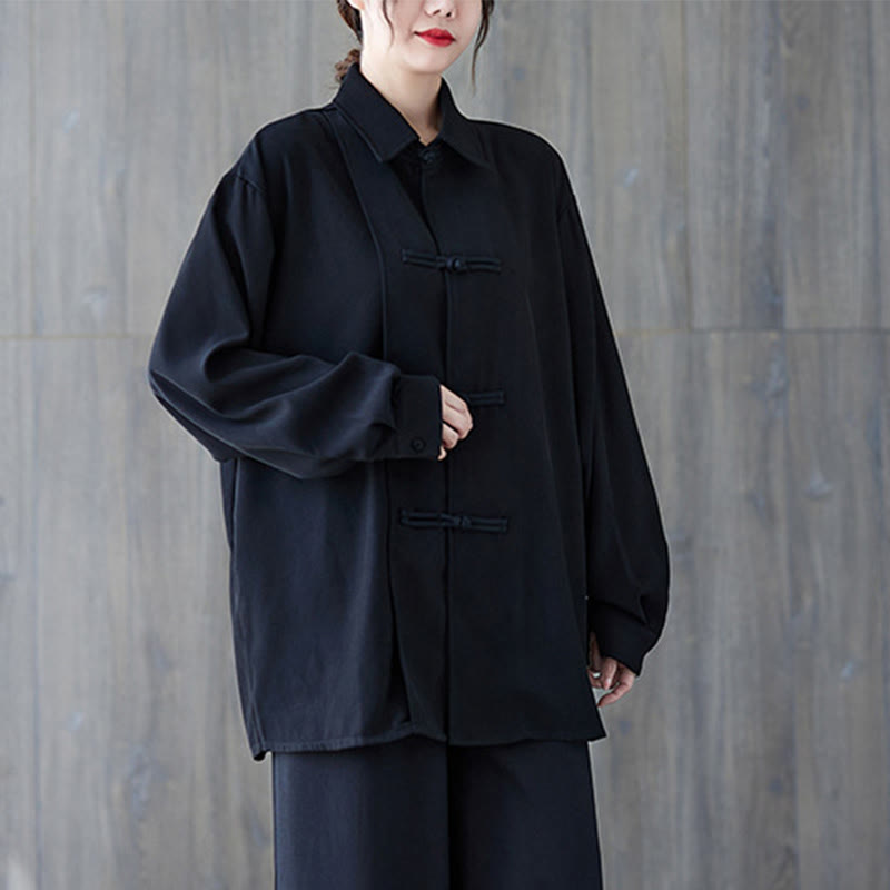 Camisa de manga larga de algodón para mujer, negra lisa con solapa de botón de rana y estampado de Buddha Stones - image 2