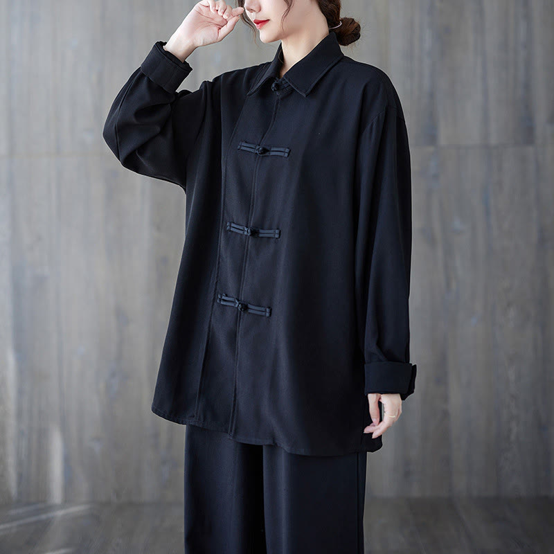 Camisa de manga larga de algodón para mujer, negra lisa con solapa de botón de rana y estampado de Buddha Stones - image 1