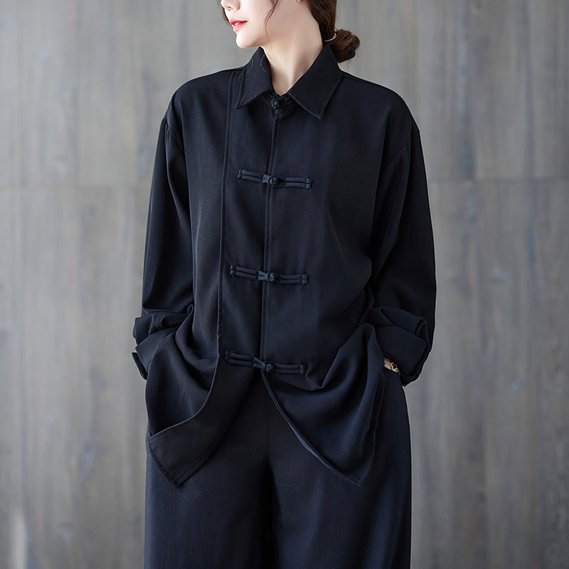 Camisa de manga larga de algodón para mujer, negra lisa con solapa de botón de rana y estampado de Buddha Stones - Negro - US12，UK/AU16，EU44 (XL) - image 0