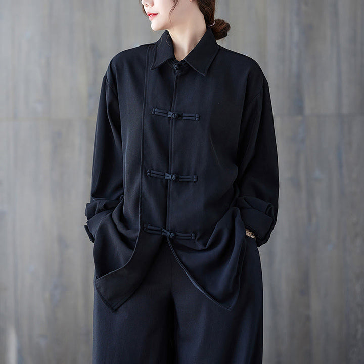 Camisa de manga larga de algodón para mujer, negra lisa con solapa de botón de rana y estampado de Buddha Stones - Negro - US12，UK/AU16，EU44 (XL) - image 0