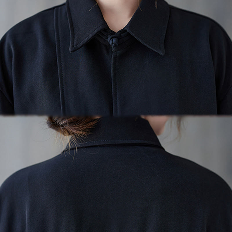 Camisa de manga larga de algodón para mujer, negra lisa con solapa de botón de rana y estampado de Buddha Stones - image 10