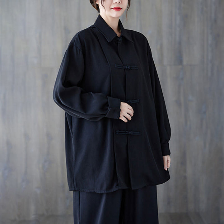 Camisa de manga larga de algodón para mujer, negra lisa con solapa de botón de rana y estampado de Buddha Stones - image 4