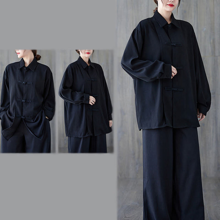 Camisa de manga larga de algodón para mujer, negra lisa con solapa de botón de rana y estampado de Buddha Stones - image 6