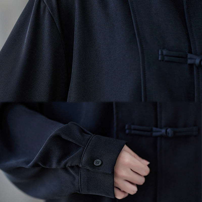 Camisa de manga larga de algodón para mujer, negra lisa con solapa de botón de rana y estampado de Buddha Stones - image 11