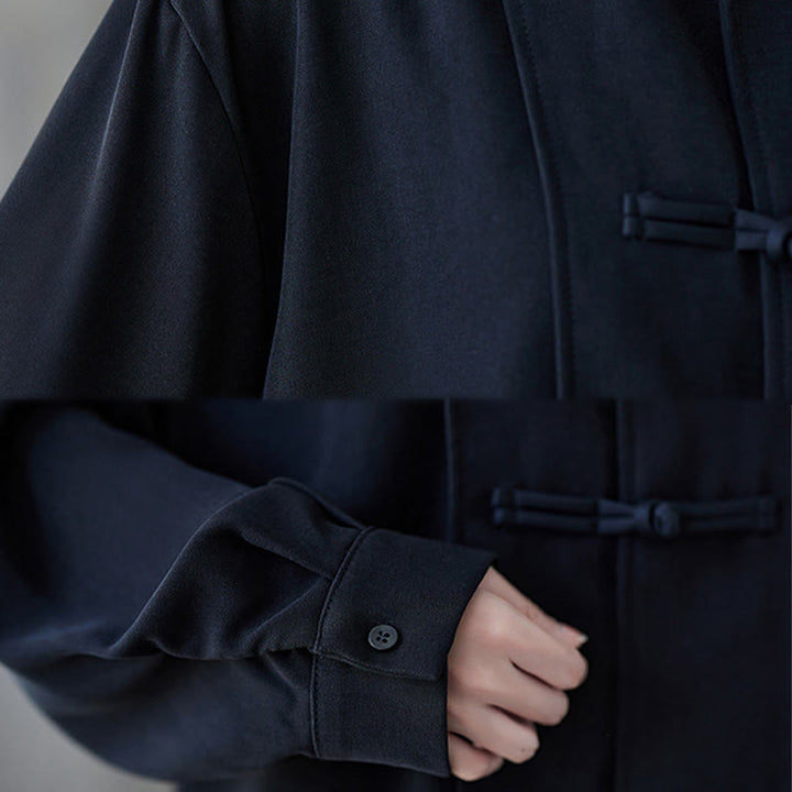 Camisa de manga larga de algodón para mujer, negra lisa con solapa de botón de rana y estampado de Buddha Stones - image 11