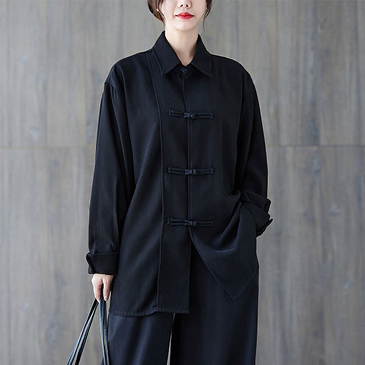 Camisa de manga larga de algodón para mujer, negra lisa con solapa de botón de rana y estampado de Buddha Stones - image 3