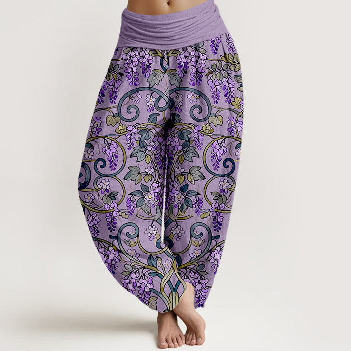 Pantalones bombachos de cintura elástica para mujer, estilo retro, con estampado de glicinas y algodón puro de Buddha Stones. - Morado medio - US16，UK/AU20，EU48 (3XL) - image 5