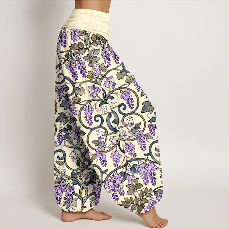 Pantalones bombachos de cintura elástica para mujer, estilo retro, con estampado de glicinas y algodón puro de Buddha Stones. - image 10