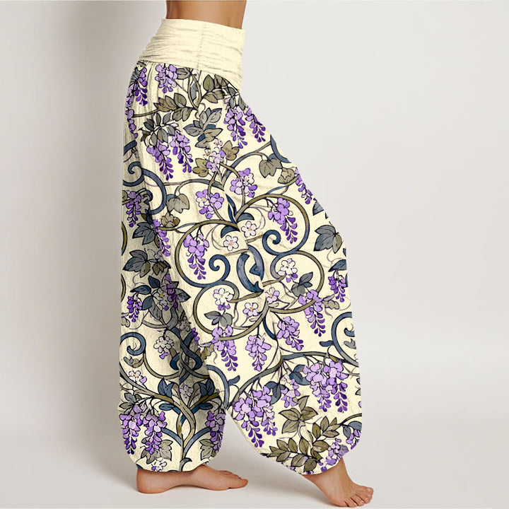 Pantalones bombachos de cintura elástica para mujer, estilo retro, con estampado de glicinas y algodón puro de Buddha Stones. - image 10