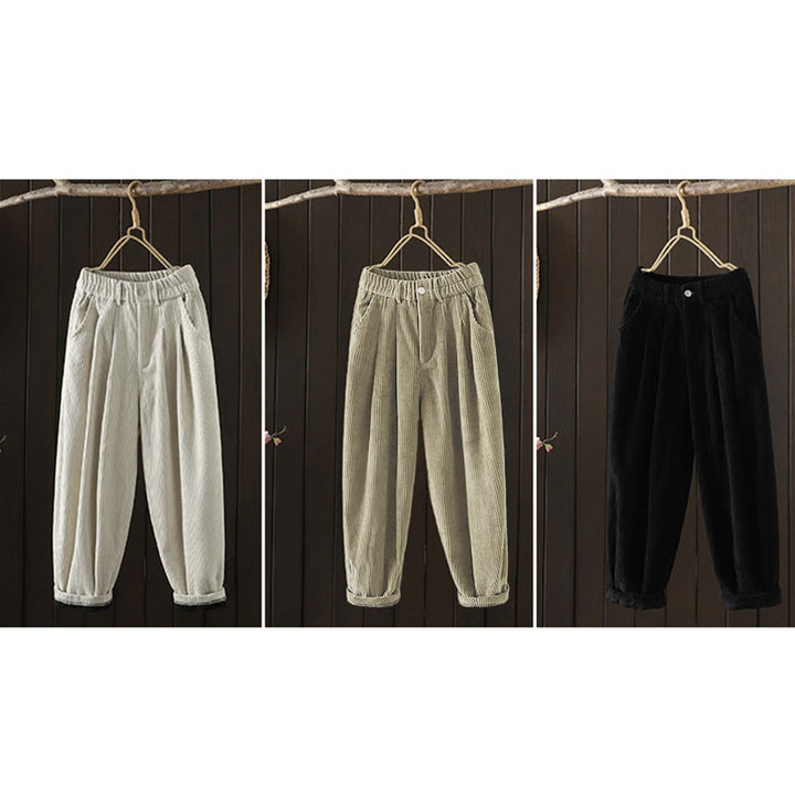 Pantalones harén Buddha Stones de invierno para mujer, de pana lisa, de algodón, de cintura alta, forrados con vellón y bolsillos - image 24