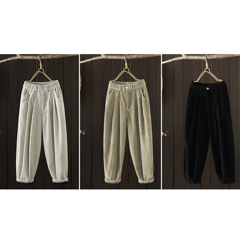 Pantalones harén Buddha Stones de invierno para mujer, de pana lisa, de algodón, de cintura alta, forrados con vellón y bolsillos - image 24