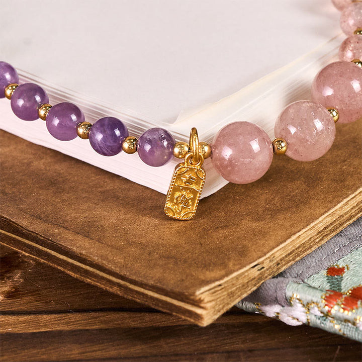 Llavero colgante para teléfono con Buddha Stones, cuarzo fresa y amatista, símbolo de felicidad y sanación. - image 2