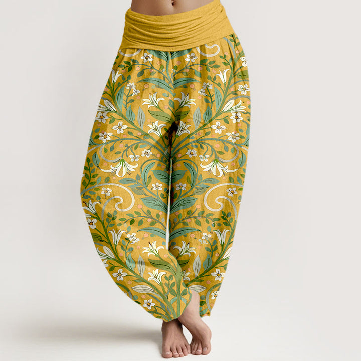 Pantalones bombachos de cintura elástica para mujer, de algodón puro con elegante estampado de pétalos de lirio y hojas de Buddha Stones. - Oro - US16，UK/AU20，EU48 (3XL) - image 0