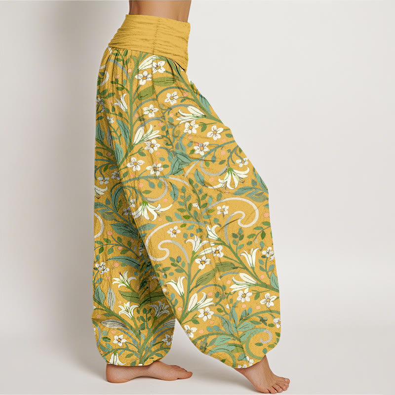 Pantalones bombachos de cintura elástica para mujer, de algodón puro con elegante estampado de pétalos de lirio y hojas de Buddha Stones. - image 2