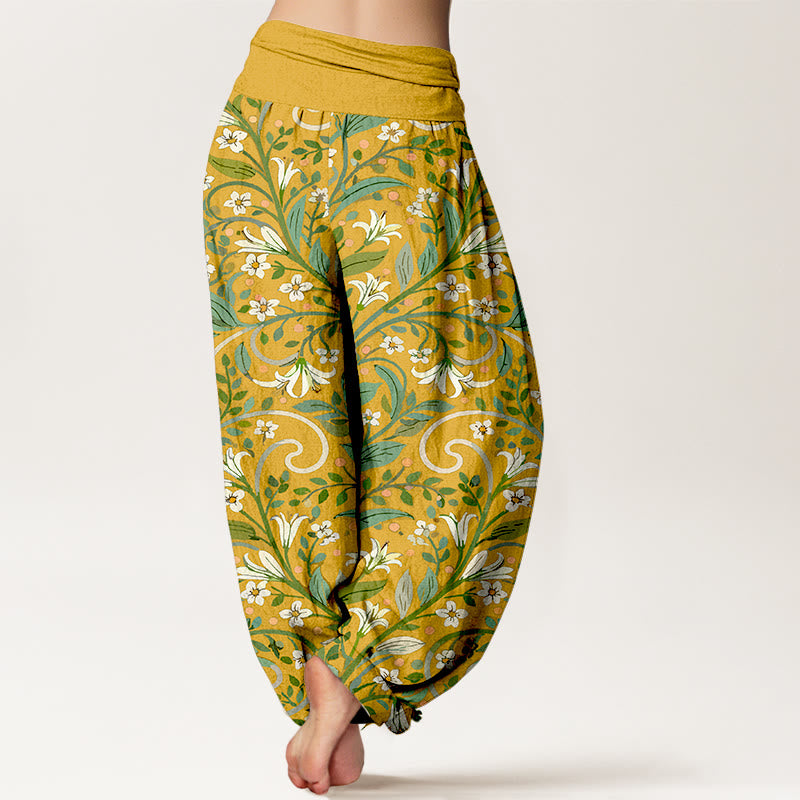 Pantalones bombachos de cintura elástica para mujer, de algodón puro con elegante estampado de pétalos de lirio y hojas de Buddha Stones. - image 1