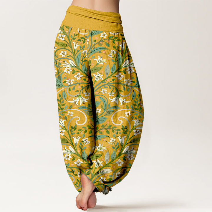 Pantalones bombachos de cintura elástica para mujer, de algodón puro con elegante estampado de pétalos de lirio y hojas de Buddha Stones. - image 1