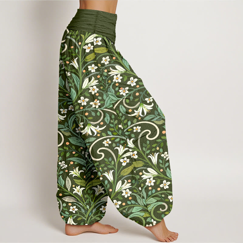 Pantalones bombachos de cintura elástica para mujer, de algodón puro con elegante estampado de pétalos de lirio y hojas de Buddha Stones. - image 7
