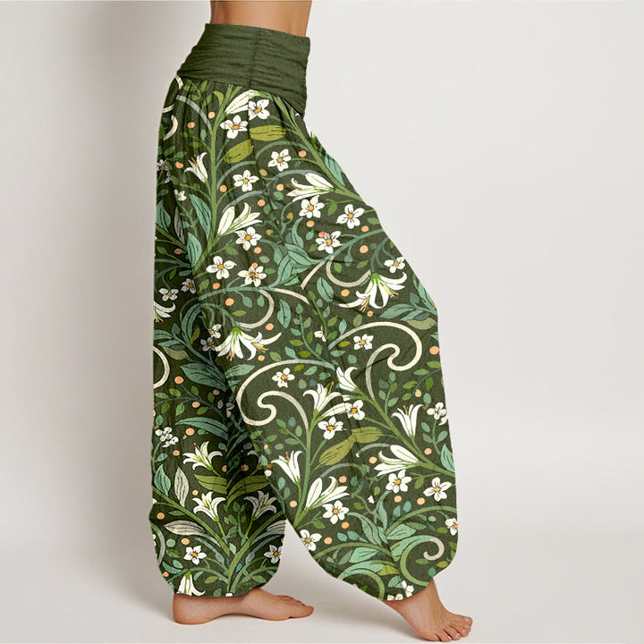 Pantalones bombachos de cintura elástica para mujer, de algodón puro con elegante estampado de pétalos de lirio y hojas de Buddha Stones. - image 7