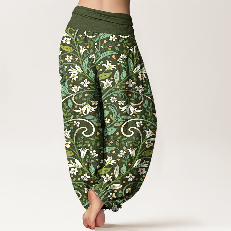 Pantalones bombachos de cintura elástica para mujer, de algodón puro con elegante estampado de pétalos de lirio y hojas de Buddha Stones. - image 6