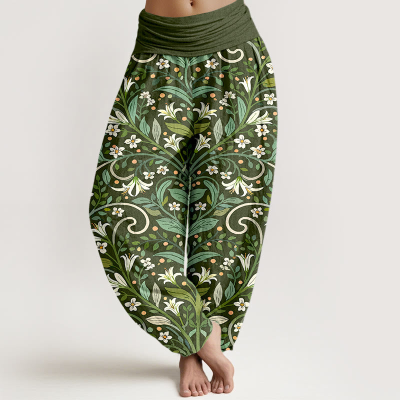 Pantalones bombachos de cintura elástica para mujer, de algodón puro con elegante estampado de pétalos de lirio y hojas de Buddha Stones. - Verde oliva oscuro - US16，UK/AU20，EU48 (3XL) - image 5