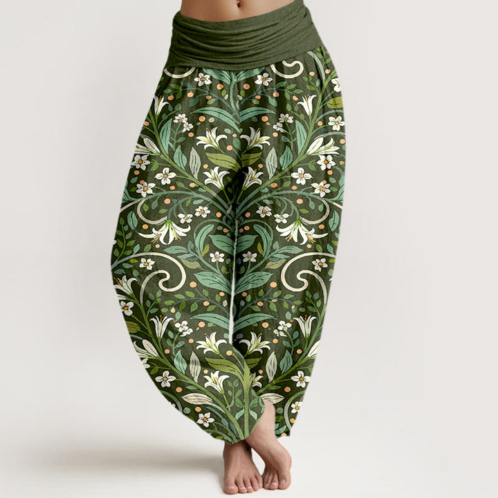 Pantalones bombachos de cintura elástica para mujer, de algodón puro con elegante estampado de pétalos de lirio y hojas de Buddha Stones. - Verde oliva oscuro - US16，UK/AU20，EU48 (3XL) - image 5