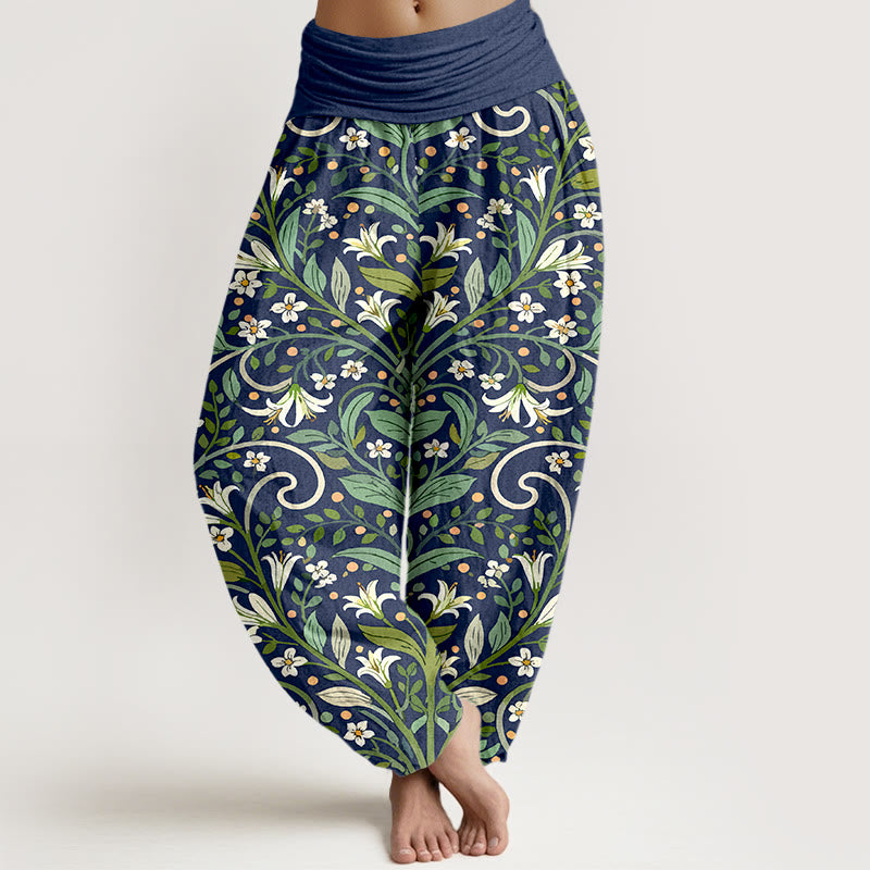 Pantalones bombachos de cintura elástica para mujer, de algodón puro con elegante estampado de pétalos de lirio y hojas de Buddha Stones. - Marina de guerra - US16，UK/AU20，EU48 (3XL) - image 8