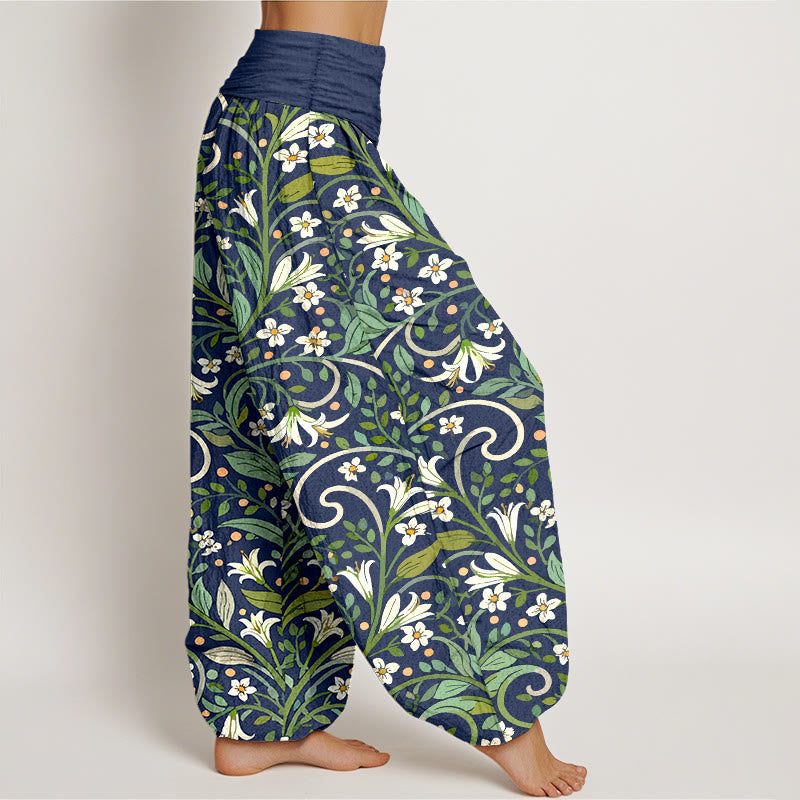Pantalones bombachos de cintura elástica para mujer, de algodón puro con elegante estampado de pétalos de lirio y hojas de Buddha Stones. - image 10