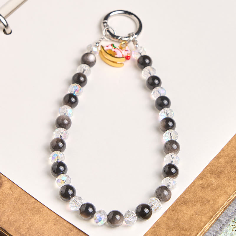 Buddha Stones Año del Caballo, obsidiana plateada brillante, llavero protector para teléfono - Obsidiana con brillo plateado (calmante ♥ protectora) - image 0