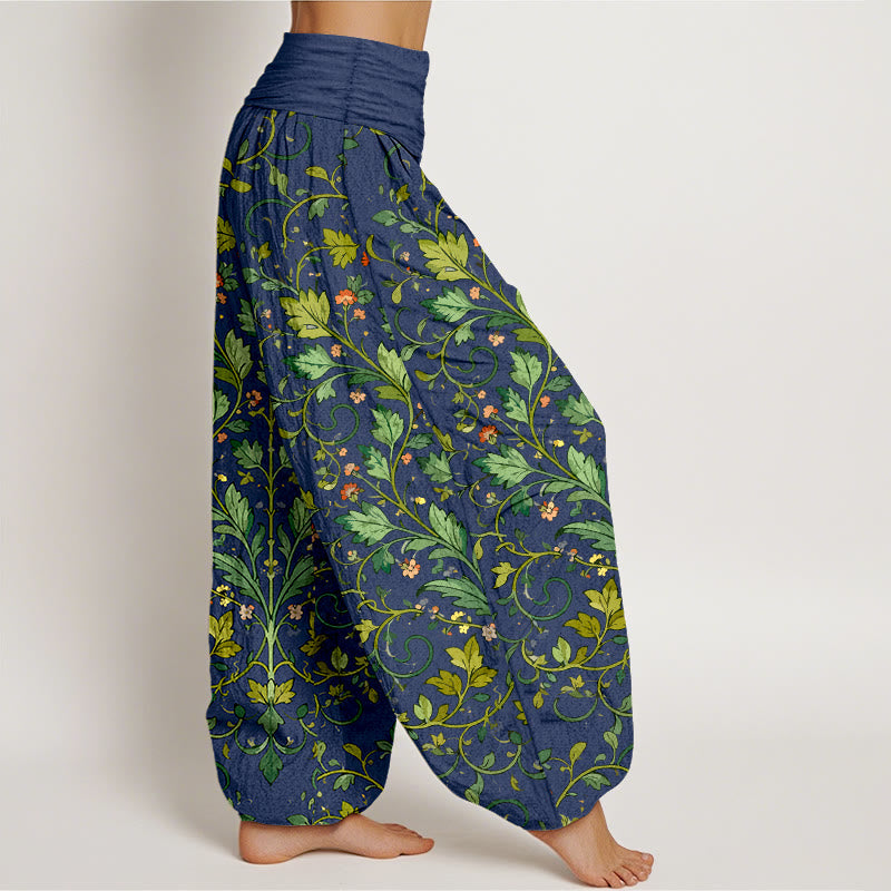 Pantalones bombachos de mujer con cintura elástica, de algodón puro con estampado clásico simétrico de hojas de plantas y Buddha Stones. - image 2