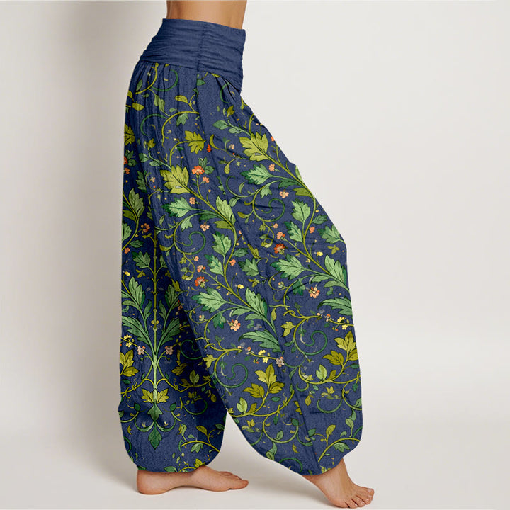 Pantalones bombachos de mujer con cintura elástica, de algodón puro con estampado clásico simétrico de hojas de plantas y Buddha Stones. - image 2