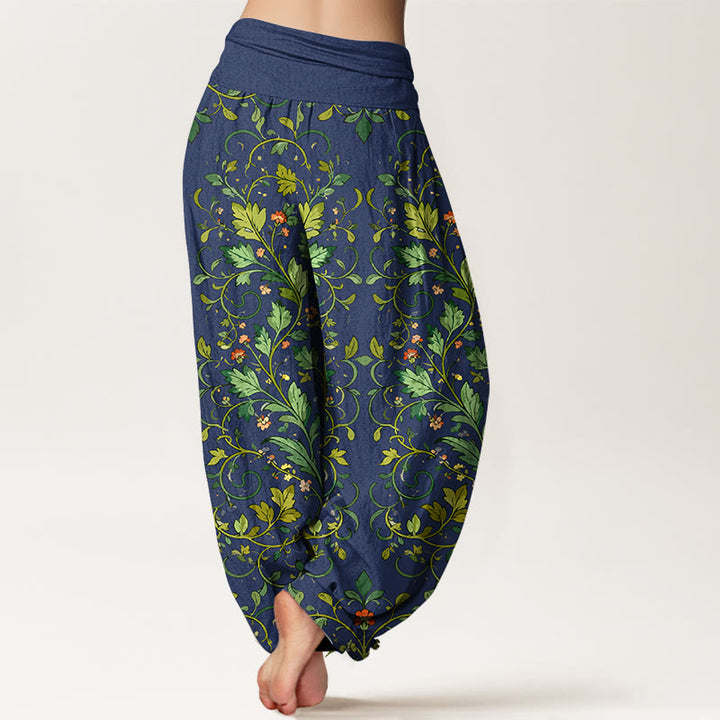 Pantalones bombachos de mujer con cintura elástica, de algodón puro con estampado clásico simétrico de hojas de plantas y Buddha Stones. - image 1