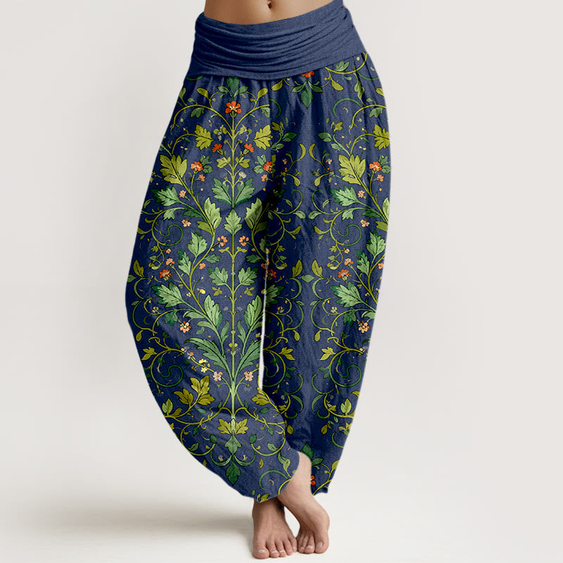Pantalones bombachos de mujer con cintura elástica, de algodón puro con estampado clásico simétrico de hojas de plantas y Buddha Stones. - Marina de guerra - US16，UK/AU20，EU48 (3XL) - image 0