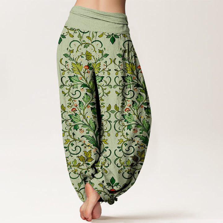 Pantalones bombachos de mujer con cintura elástica, de algodón puro con estampado clásico simétrico de hojas de plantas y Buddha Stones. - image 6