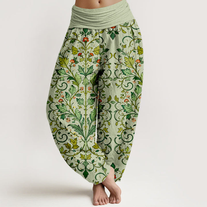 Pantalones bombachos de mujer con cintura elástica, de algodón puro con estampado clásico simétrico de hojas de plantas y Buddha Stones. - Verde claro - US16，UK/AU20，EU48 (3XL) - image 5