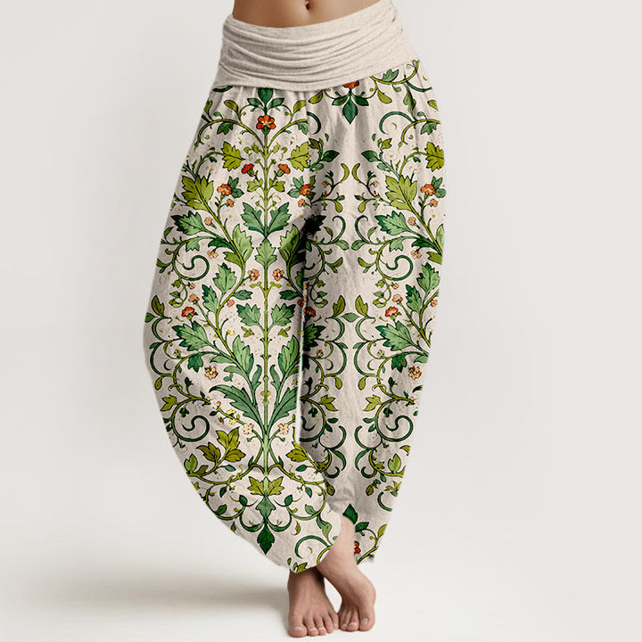 Pantalones bombachos de mujer con cintura elástica, de algodón puro con estampado clásico simétrico de hojas de plantas y Buddha Stones. - Beige - US16，UK/AU20，EU48 (3XL) - image 8