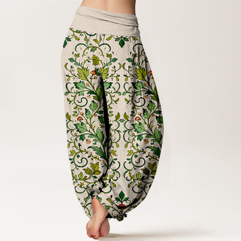 Pantalones bombachos de mujer con cintura elástica, de algodón puro con estampado clásico simétrico de hojas de plantas y Buddha Stones. - image 9